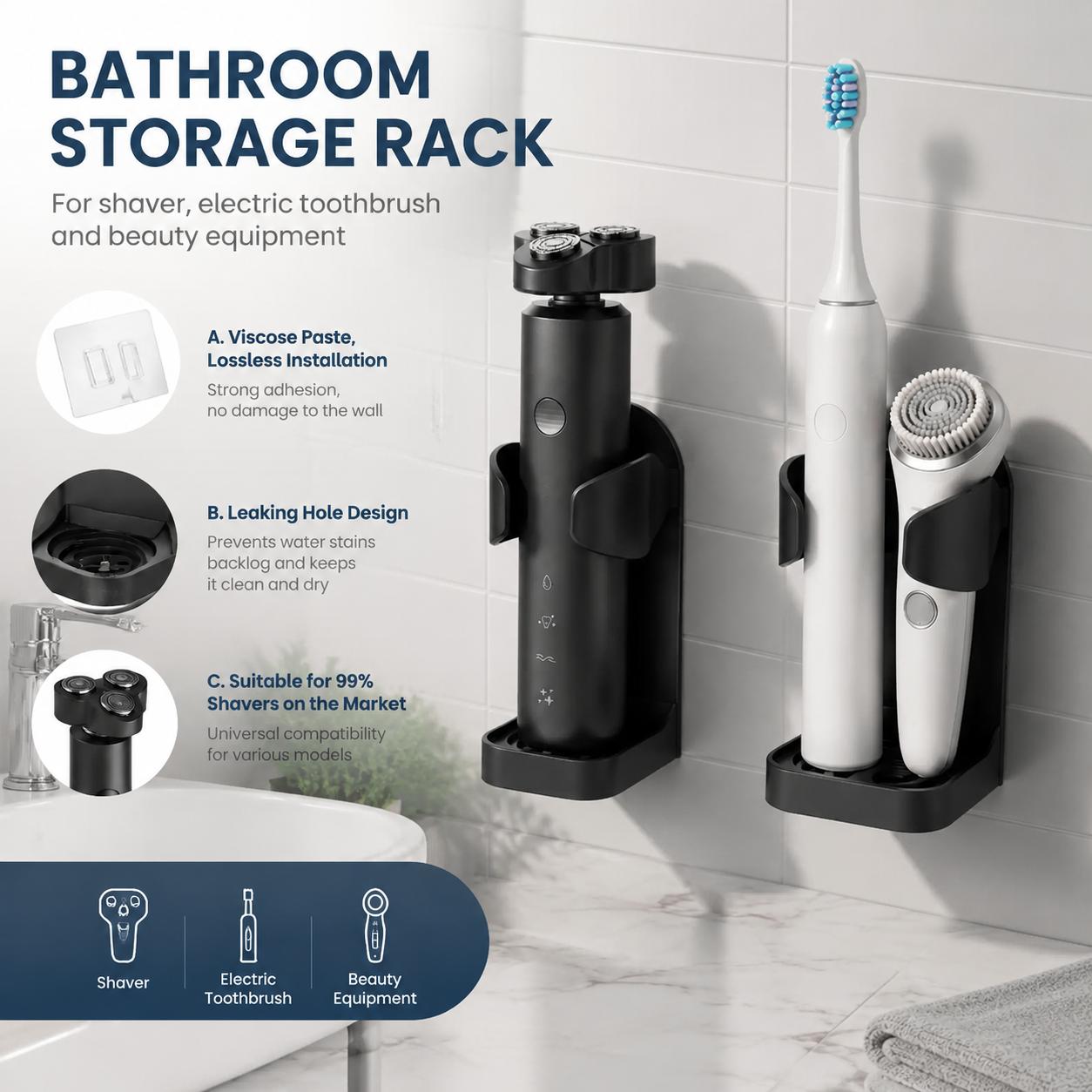 Home Essentials Bathroom Accessories - حامل فرشاة أسنان ذاتي اللصق بدون