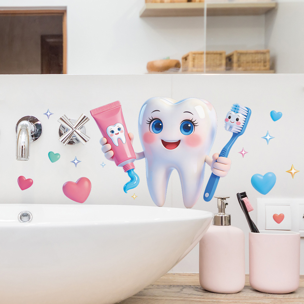Jet Home Bathroom - ملصق حائط بتصميم أسنان كرتونية من