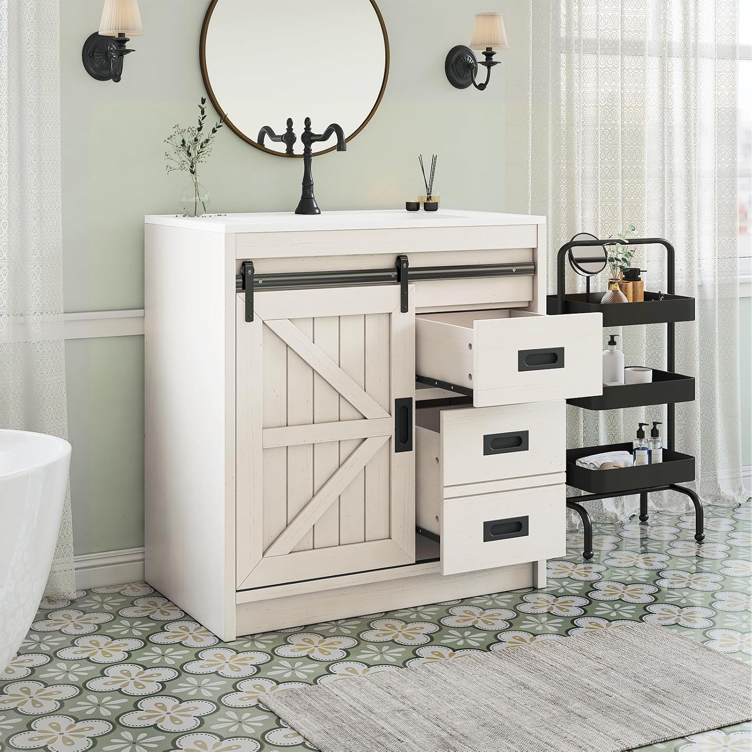 Home Bathroom Vanity - وحدة حمام كبيرة بتصميم ريفي مع